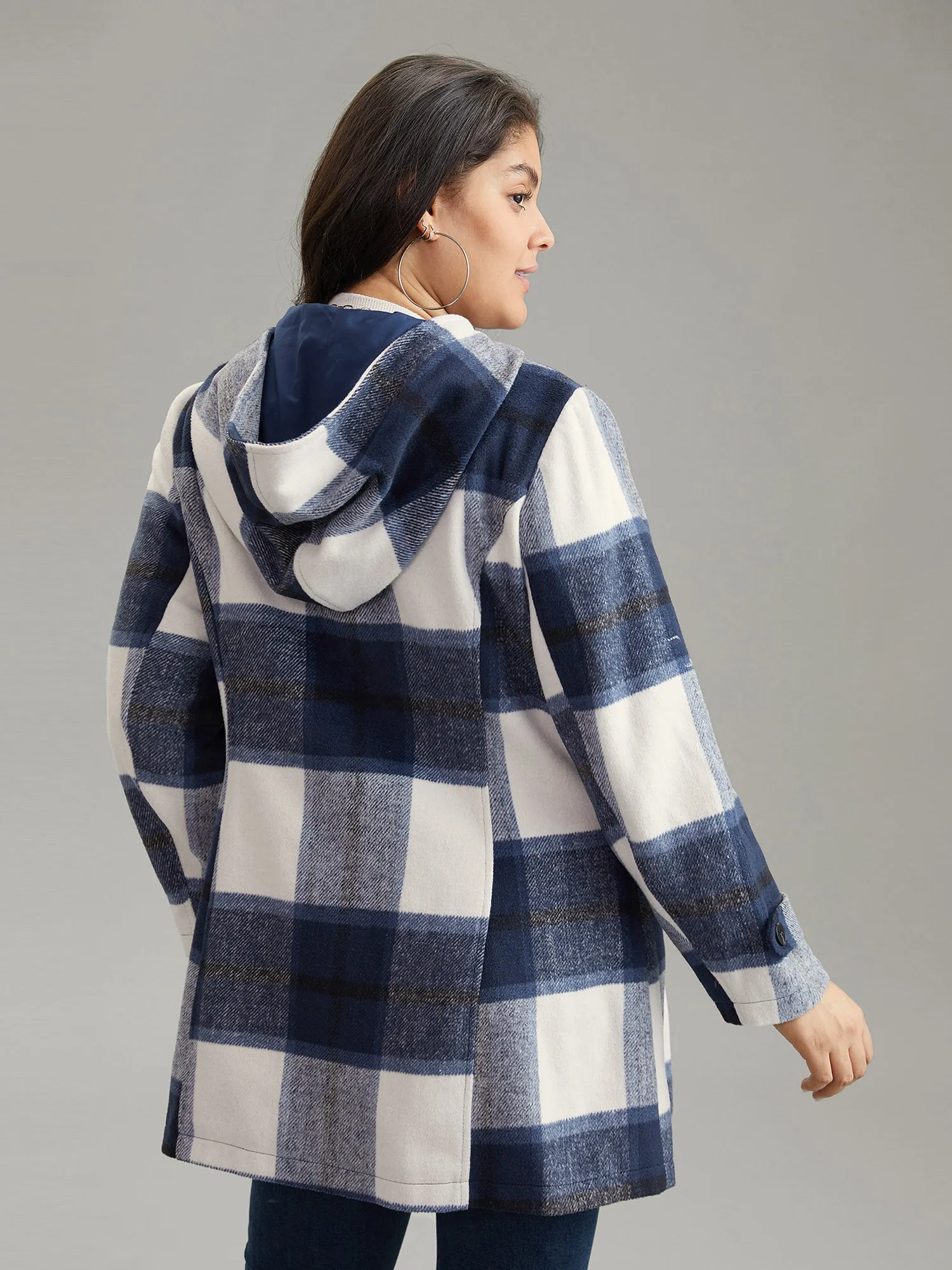 Plaid Hooded Duffle Button Zipper Coat
